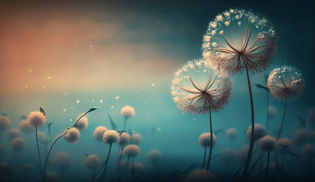 Dandelion flowers in the field. Nature background. 3d renderingの素材