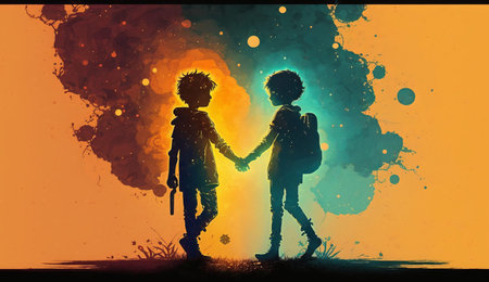 Silhouette of a boy and girl on an orange background.の素材