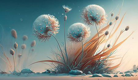3d rendering of dandelion flowers in the desert with blue skyの素材