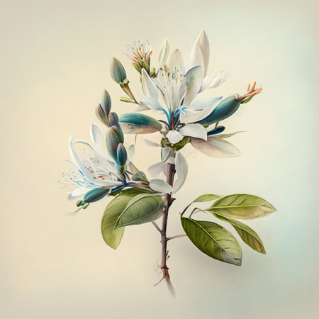 Bouquet of white and blue flowers on a light background.の素材