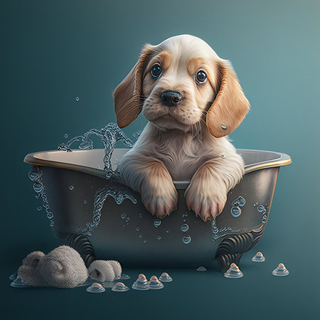 Cute puppy taking a bath in a bathtub full of water.の素材