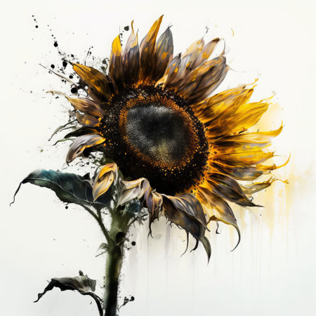 Sunflower with watercolor splashes on a white background. Digital painting.の素材