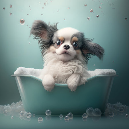 Cute papillon puppy taking a bath in bathtub with soap bubblesの素材