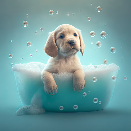 Cute puppy sitting in bathtub with soap bubbles. Blue background.の素材