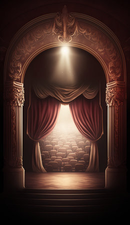 Red velvet curtain opening scene, 3d rendering toned image.の素材