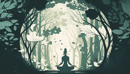 Silhouette of a woman meditating in the forest. Vector illustration.の素材