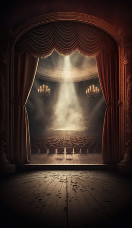 Empty theater stage with red curtains and spotlights. 3d renderの素材