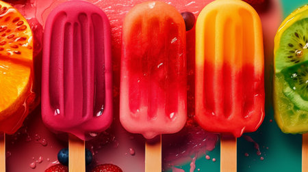 Fruit ice cream popsicles on green background. Topview.の素材