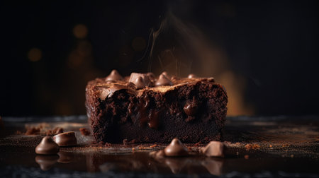 Chocolate cake with chocolate glaze on a black background. Selective focus.の素材