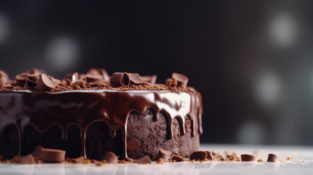 Chocolate cake with pieces of chocolate on a dark background. Selective focus.の素材