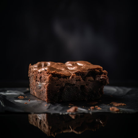 Chocolate brownies on a black background. Selective focus. Toned.の素材