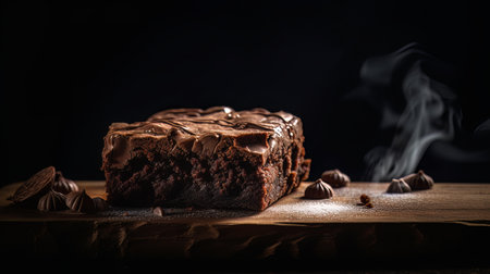 Chocolate cake on a wooden board with smoke on a black backgroundの素材