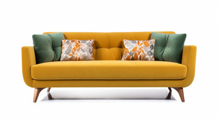 Modern yellow fabric sofa with colorful pillows isolated on white background.の素材