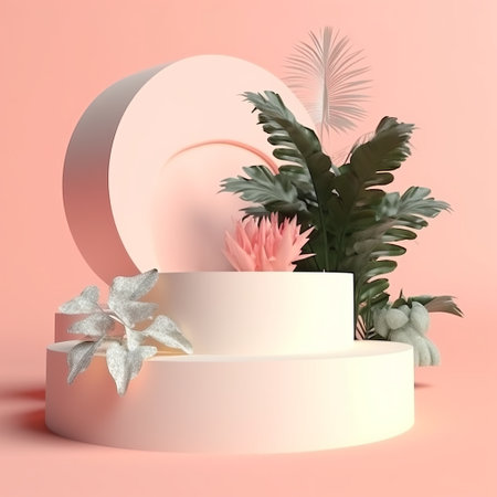 3d render of minimal display podium with palm leaves and monstera.の素材