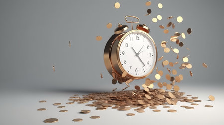 Alarm clock and falling gold coins. Time is money concept. 3D Renderingの素材