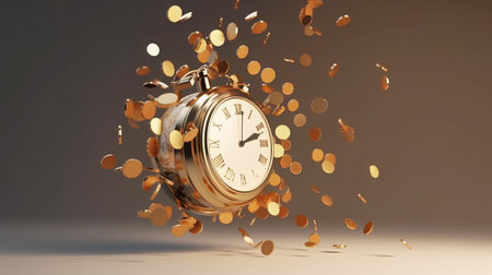 3d rendering of golden alarm clock with falling coins. Time conceptの素材