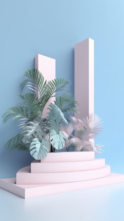 3d render of minimal display podium with palm leaves. Mock up scene for cosmetic product presentation.の素材