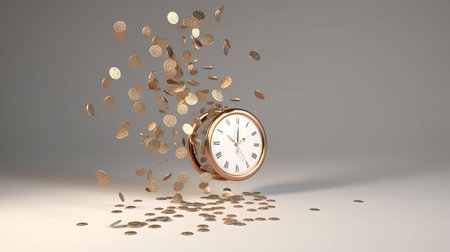 Time is money. 3d illustration of golden clock and falling coinsの素材