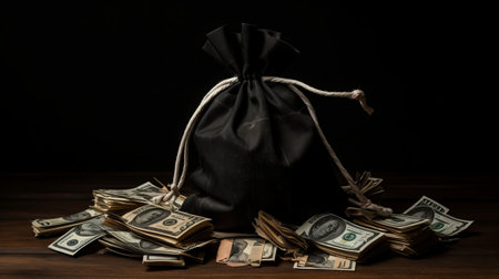 Black bag full of money on wooden table. black background. Business concept.の素材