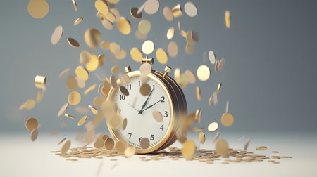 3d rendering of golden alarm clock and falling coins. Time conceptの素材