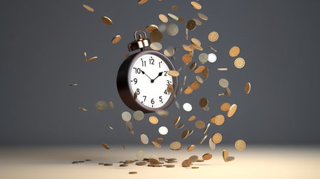 Alarm clock and falling coins. Time is money concept. 3D renderingの素材