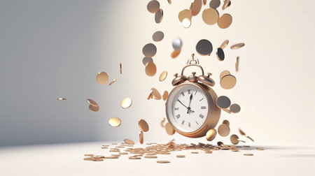 Alarm clock and falling coins. Time is money. 3D renderingの素材