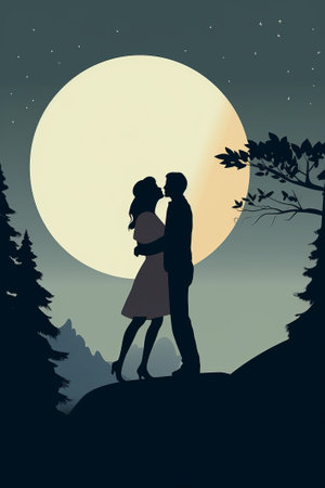 Silhouette of a romantic couple on the background of the full moonの素材
