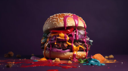 Closeup of tasty hamburger with colorful splashes on purple backgroundの素材