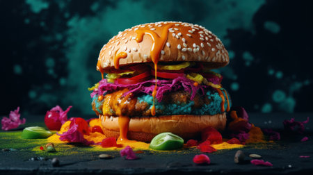 Homemade hamburger with fresh vegetables and sauce on a black backgroundの素材