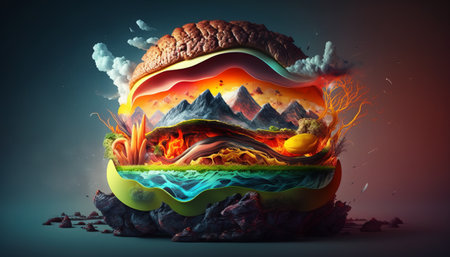 Hamburger with fire on the background. 3d illustration.の素材