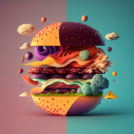 Hamburger with flying ingredients. 3d illustration, vector.の素材