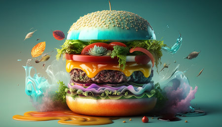 Hamburger with flying ingredients and splashes of color. 3d renderingの素材