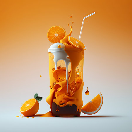 Orange smoothie in a plastic cup with a straw. 3d illustrationの素材
