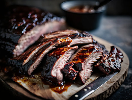 grilled pork ribs on a cutting board with sauce, selective focusの素材
