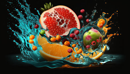 Fruit in water splash on black background. 3d illustration.の素材