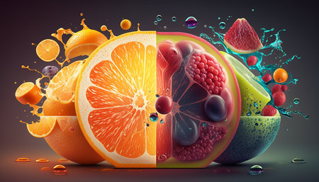 fruit mix. Orange, grapefruit, grapefruit, lemon, lime, grapefruit and orange slices in water splash. 3d illustrationの素材