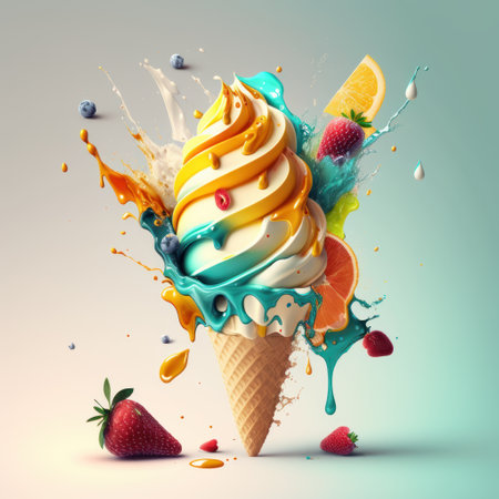 Ice cream in a waffle cone with splashes and fruits. 3d renderingの素材