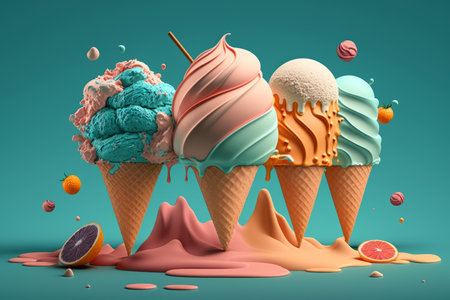 3D render of colorful ice cream in waffle cones with fruits.の素材
