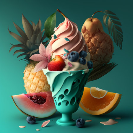 Fruit ice cream on turquoise background. 3d illustrationの素材