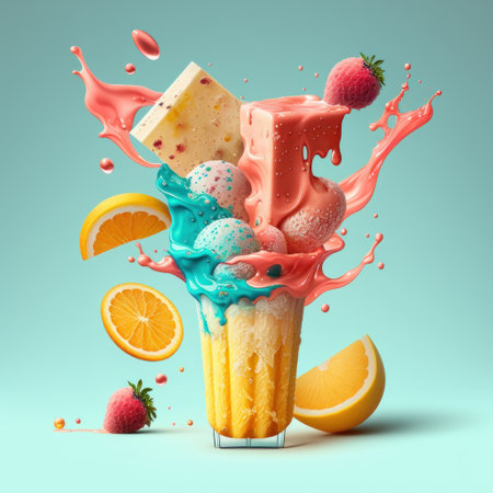 Fruit milkshake with fruits and ice cream splash isolated on blue backgroundの素材
