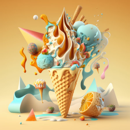 Ice cream in waffle cone with splash and drops. 3d illustrationの素材