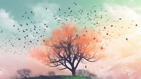 Abstract tree with flying birds on sky background. Nature and environment concept.の素材