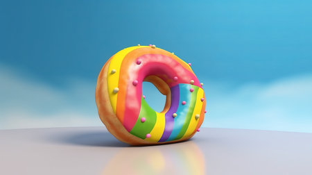 3d render of donut with rainbow icing on blue background.の素材