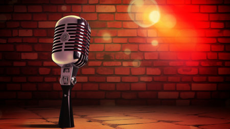 Retro microphone on brick wall background. 3d render illustration.の素材