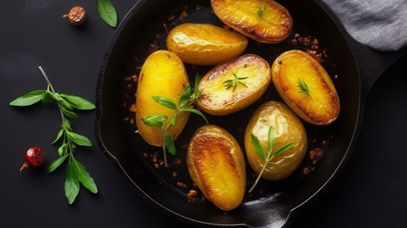Roasted potatoes with herbs in a frying pan on a black background.の素材