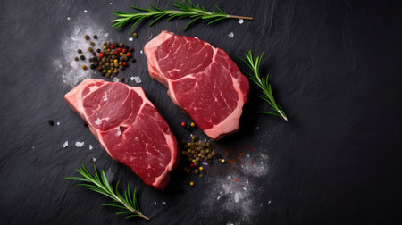 Raw pork steak with spices on a black background. Top view.の素材