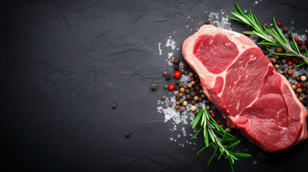 Raw beef steak with rosemary, pepper and salt on black backgroundの素材