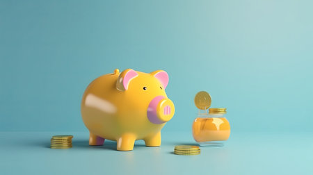 Piggy bank and coins on blue background. 3d renderingの素材
