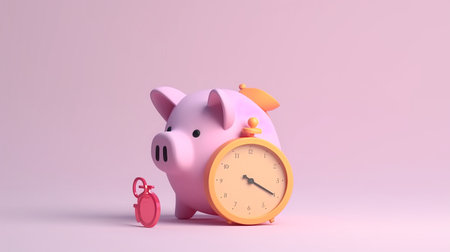 Piggy bank with alarm clock on pink background. 3d renderingの素材