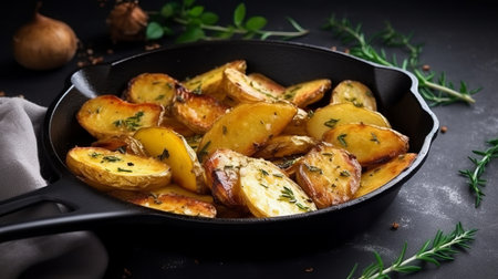 Fried potatoes with herbs in a frying pan on a dark background.の素材